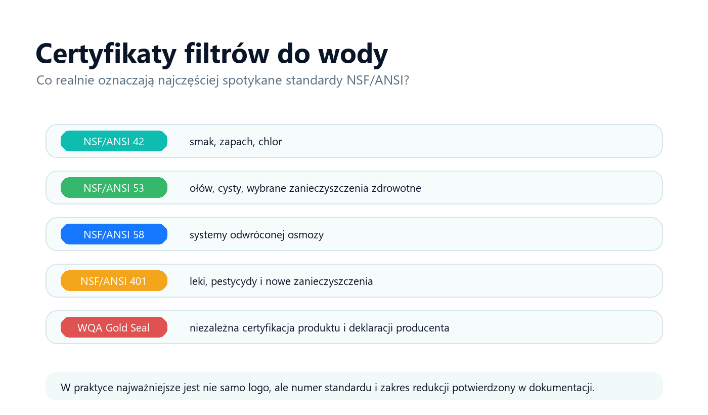 Infografika wyjaśniająca standardy NSF ANSI 42, 53, 58, 401 oraz WQA Gold Seal