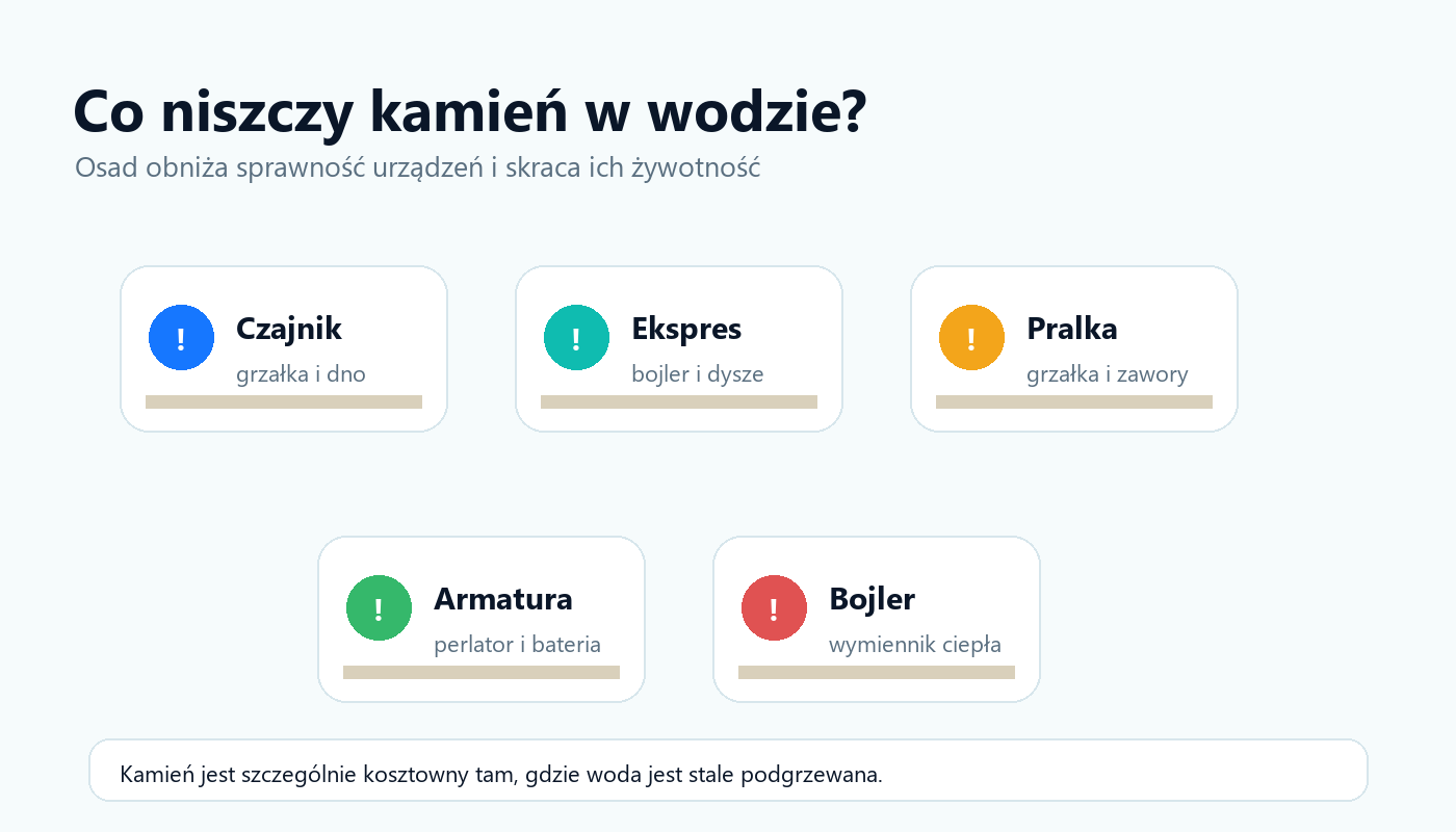 Lista urządzeń domowych narażonych na osad z kamienia: czajnik, ekspres, pralka, armatura i bojler