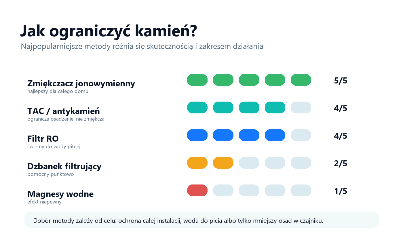 Porównanie metod ograniczania kamienia w wodzie: zmiękczacz, TAC, filtr RO, dzbanek i magnesy
