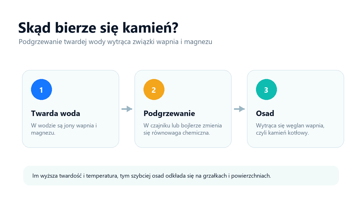 Schemat powstawania kamienia kotłowego podczas podgrzewania twardej wody