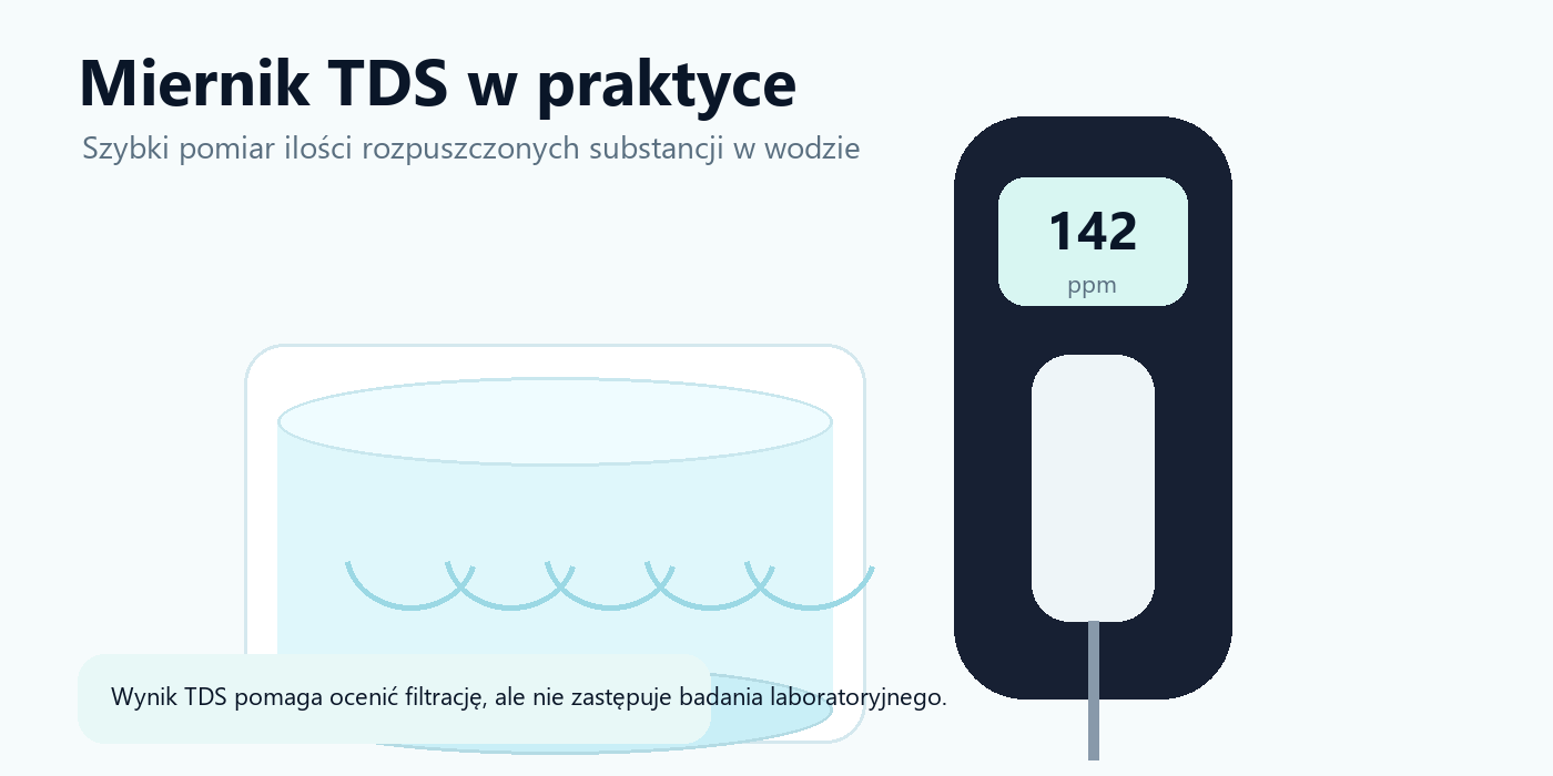 Miernik TDS zanurzony w szklance wody z przykładowym wynikiem 142 ppm