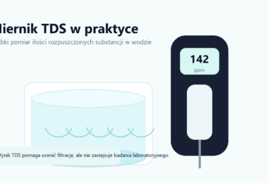 Miernik TDS zanurzony w szklance wody z przykładowym wynikiem 142 ppm