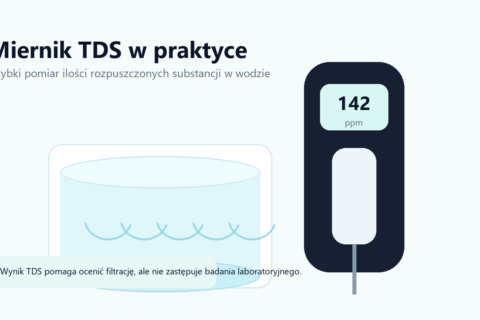 Miernik TDS zanurzony w szklance wody z przykładowym wynikiem 142 ppm