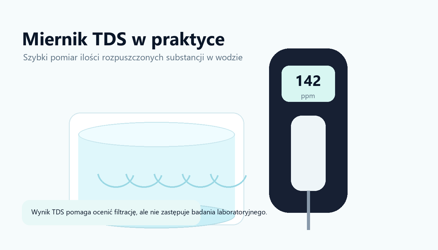 Miernik TDS zanurzony w szklance wody z przykładowym wynikiem 142 ppm