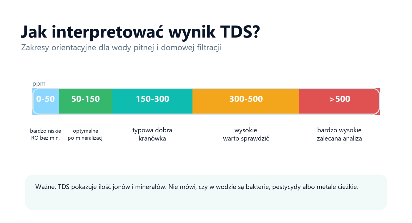 Infografika z orientacyjną skalą TDS od 0 do ponad 500 ppm dla wody pitnej