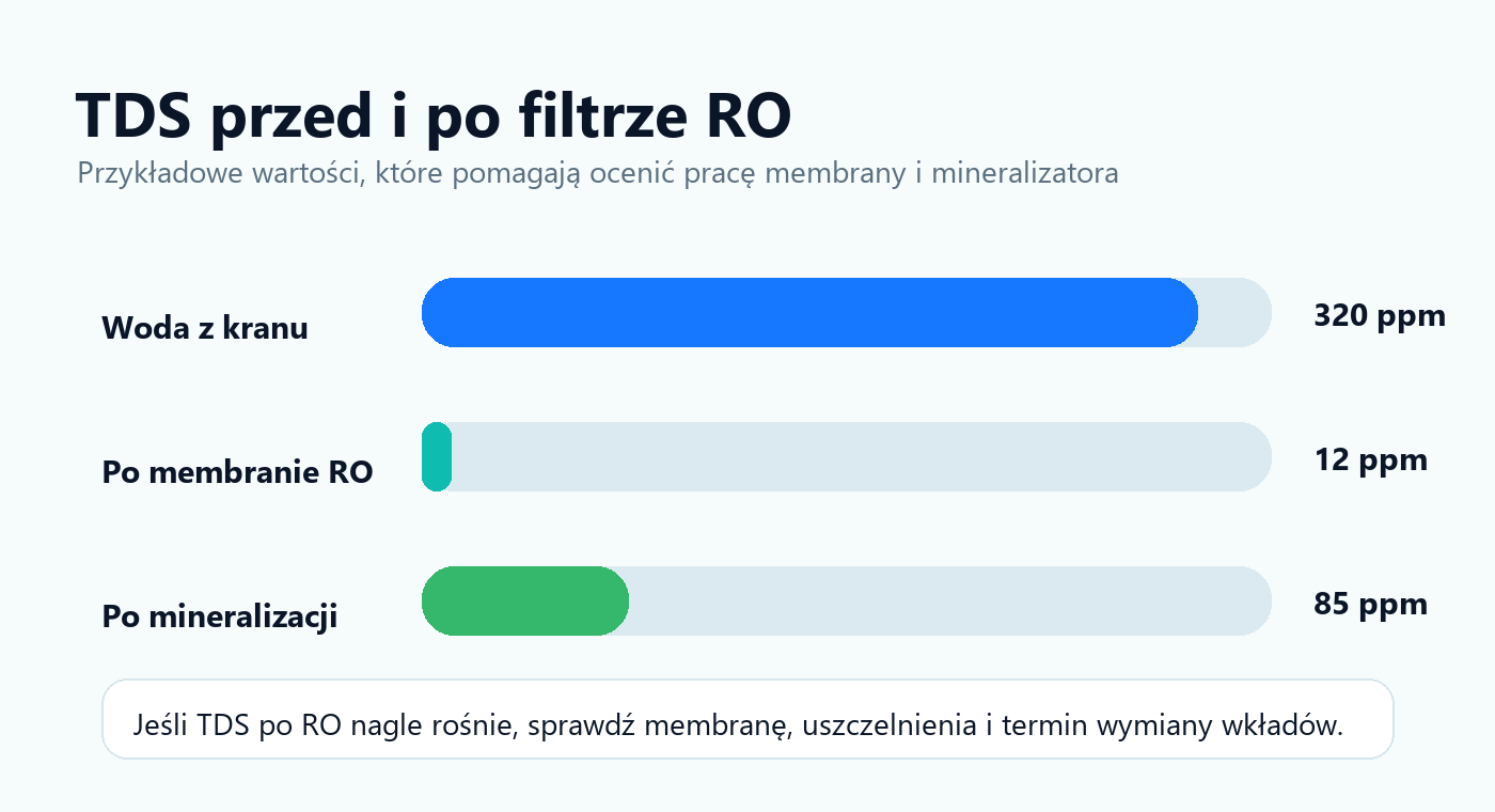 Porównanie przykładowego TDS wody z kranu, po membranie RO i po mineralizacji