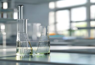 Laboratoryjne badanie próbki wody w zlewce na stole laboratoryjnym