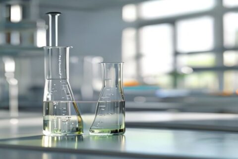 Laboratoryjne badanie próbki wody w zlewce na stole laboratoryjnym