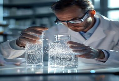 Naukowiec bada próbkę wody pod światłem w laboratorium