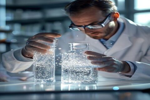 Naukowiec bada próbkę wody pod światłem w laboratorium