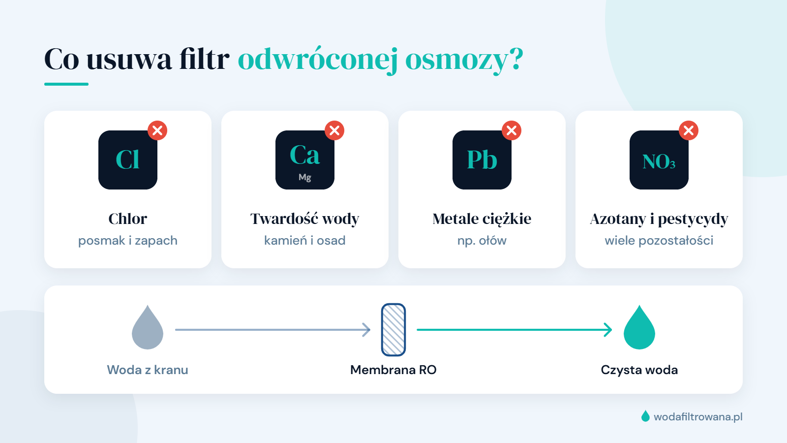 Infografika: filtr odwróconej osmozy usuwa m.in. chlor (posmak i zapach), związki odpowiedzialne za twardość wody i osad, metale ciężkie takie jak ołów oraz azotany i pozostałości pestycydów